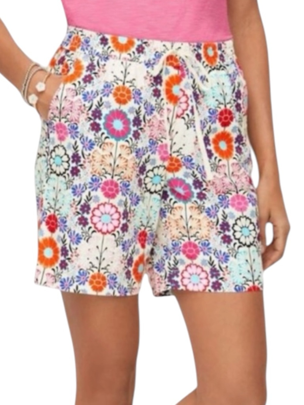 TALBOTS Linen Blend Multicolor Drawstring Summer Casual Floral Shorts Size MED